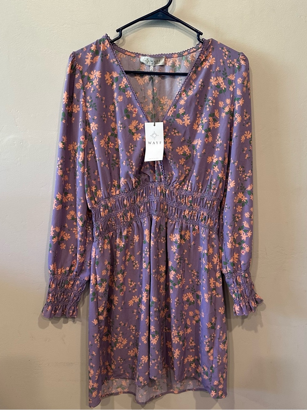WAYF Women’s L Purple Floral Smocked V-Neck Long Sleeve Mini Dress